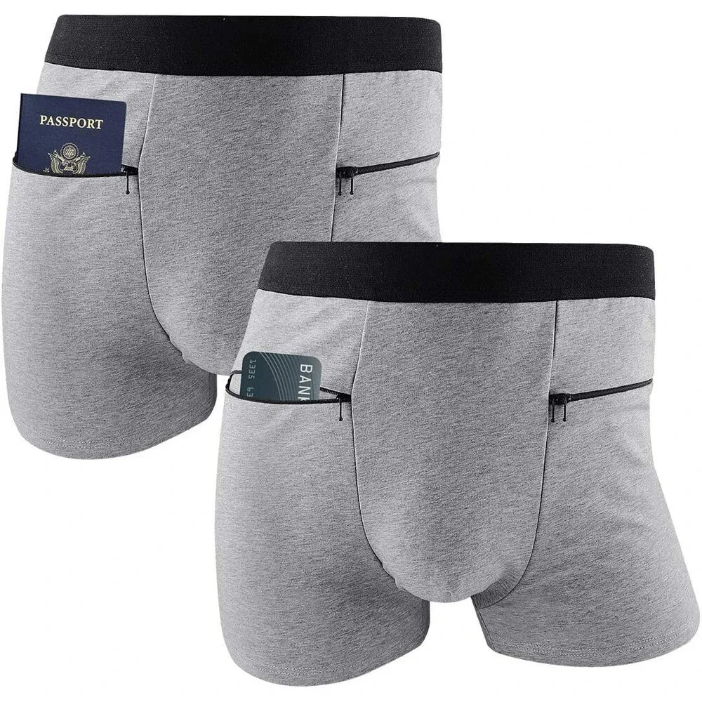 H&R Men's 2 Packs Boxer Briefs Secret Hidden Pocket Travel Underwear Front M